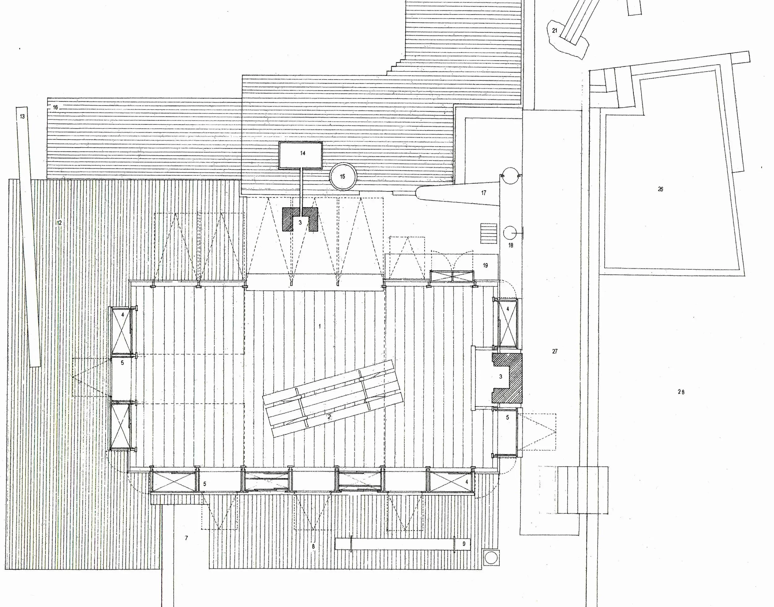 Floor plan drawing of Lovett Bay House by Richard Leplastrier, showing the compact central living space and surrounding deck areas.