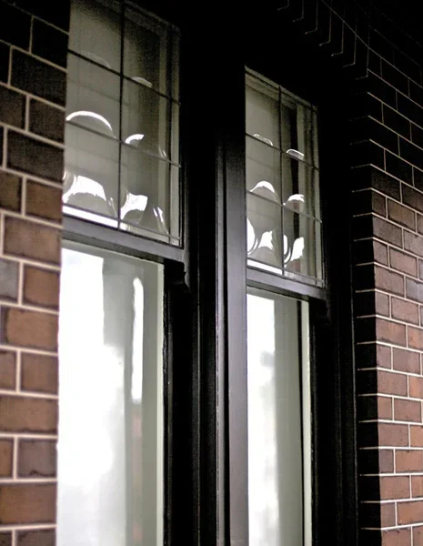 Close-up of a black-framed double window on a brick building with reflections of the sky and surroundings.