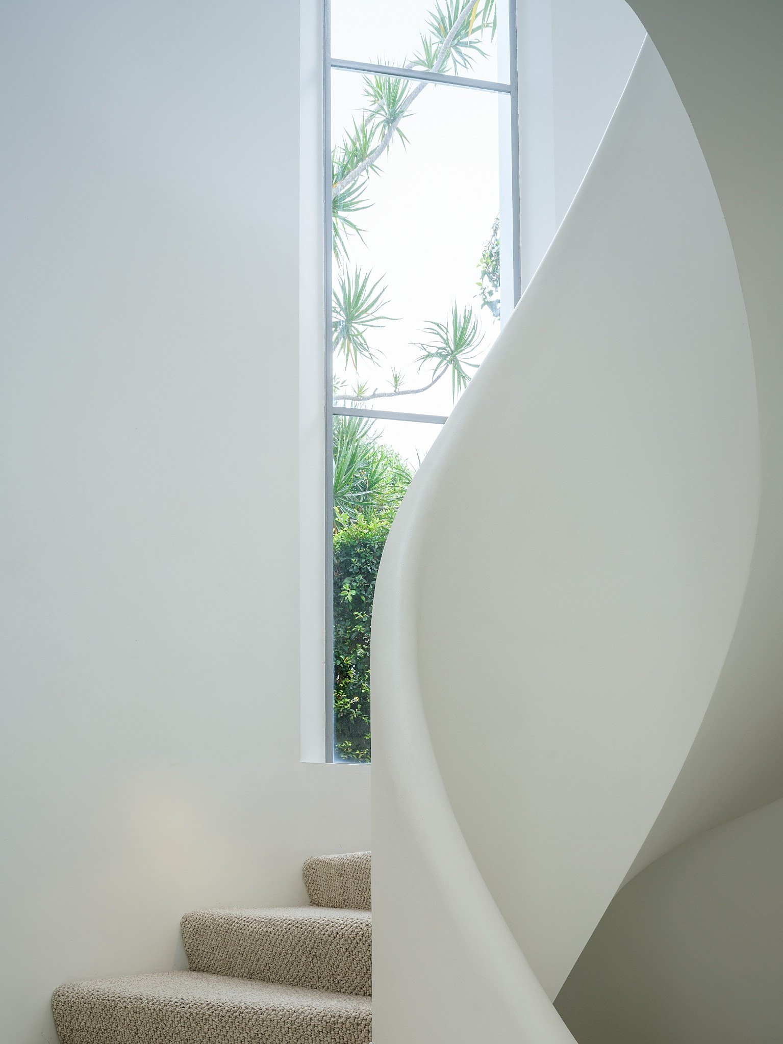 Modern interior staircase with beige carpeted steps and a white curved wall, illuminated by natural light from a window at the top.