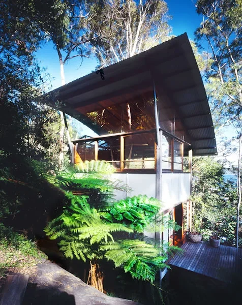 A modern two-story house with a large sloped metal roof, surrounded by trees and lush greenery, with a balcony and outdoor seating area.