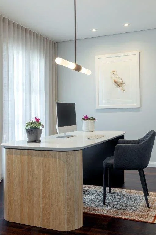 Modern home office with a white desk, black accent wall, gray chair, two potted plants, framed artwork, and sheer curtains.