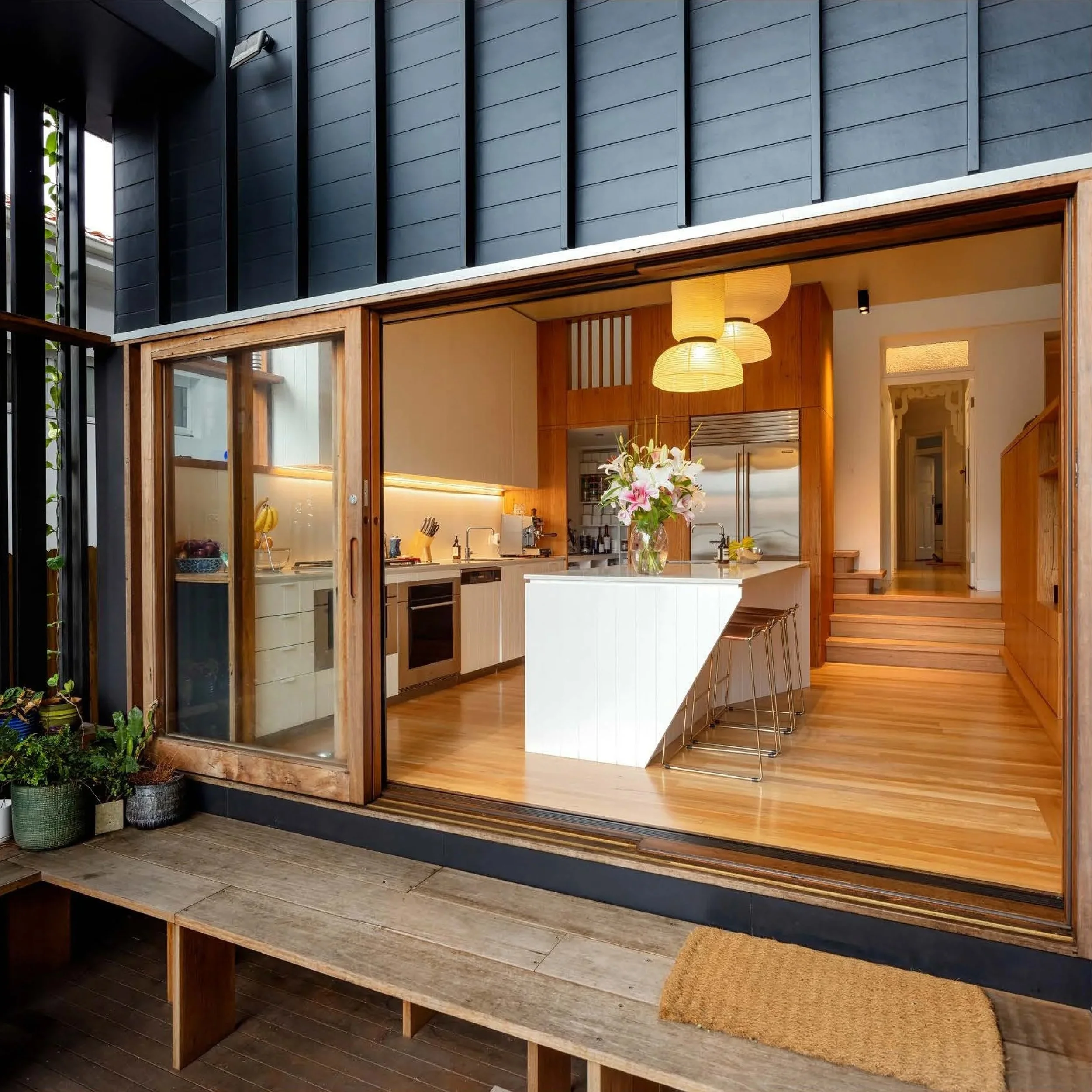 Modern kitchen with white cabinets, wooden accents, a central island with a large floral arrangement, hanging pendant lights, and a stainless steel refrigerator.