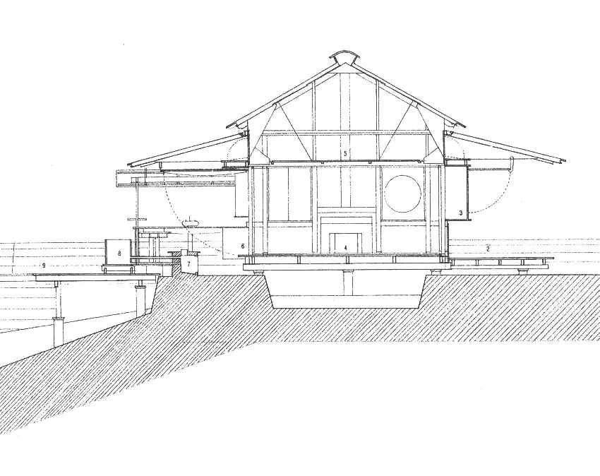 Section drawing of Lovett Bay House by Richard Leplastrier, showing the roof structure, raised timber floor and relationship to the sloping site.