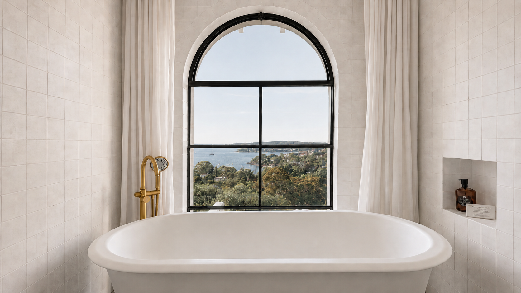 Vaucluse House bathroom featuring dramatic marble vanity, brass fittings, checkerboard stone flooring and an arched window overlooking Sydney Harbour.