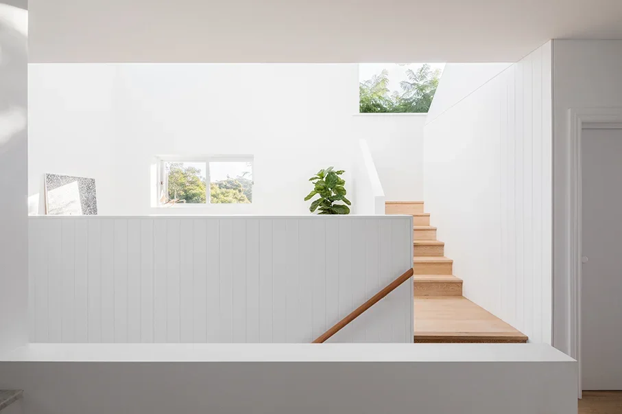 Interior view of a modern, minimalistic staircase with light wooden steps, white walls, and a potted plant beside the stairs, with large windows letting in natural light.