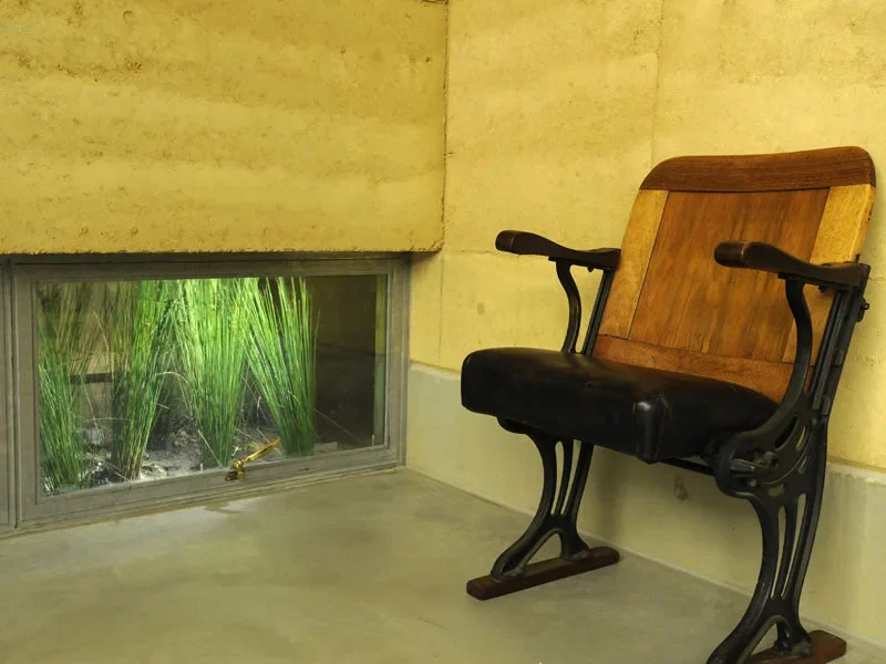 Indoor space with a vintage wooden and leather bench chair next to a large window revealing tall green plants outside.