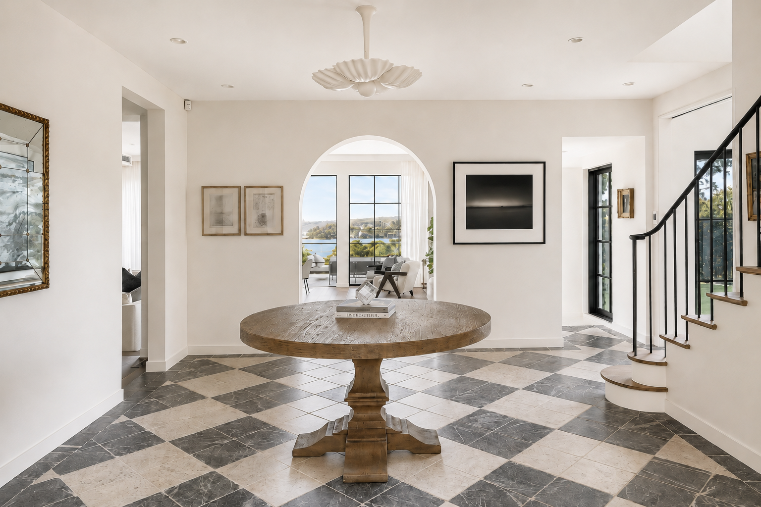 Modern living room with black and white checkered marble floor, round wooden table in center, white walls, large arched window opening to a sunny outdoor view, black-framed glass door, staircase with black metal railing, and wall-mounted flat screen 