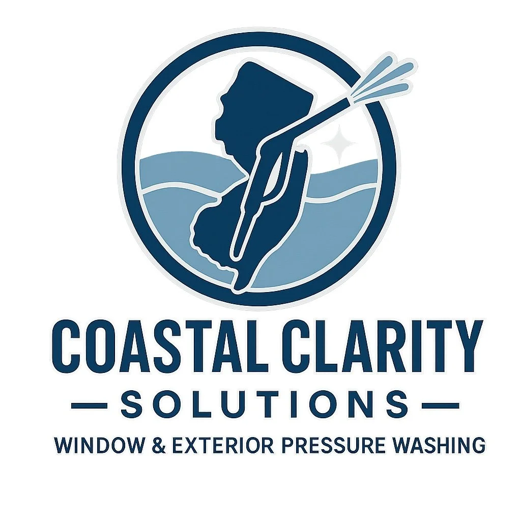 A logo for Coastal Clarity Solutions featuring an outline of Florida with a water spray and sparkles, with the text 'Coastal Clarity Solutions' and 'Window & Exterior Pressure Washing'.