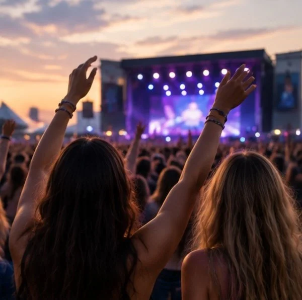Crowd at a music concert during sunset with people raising their hands, stage with purple lighting in the background.