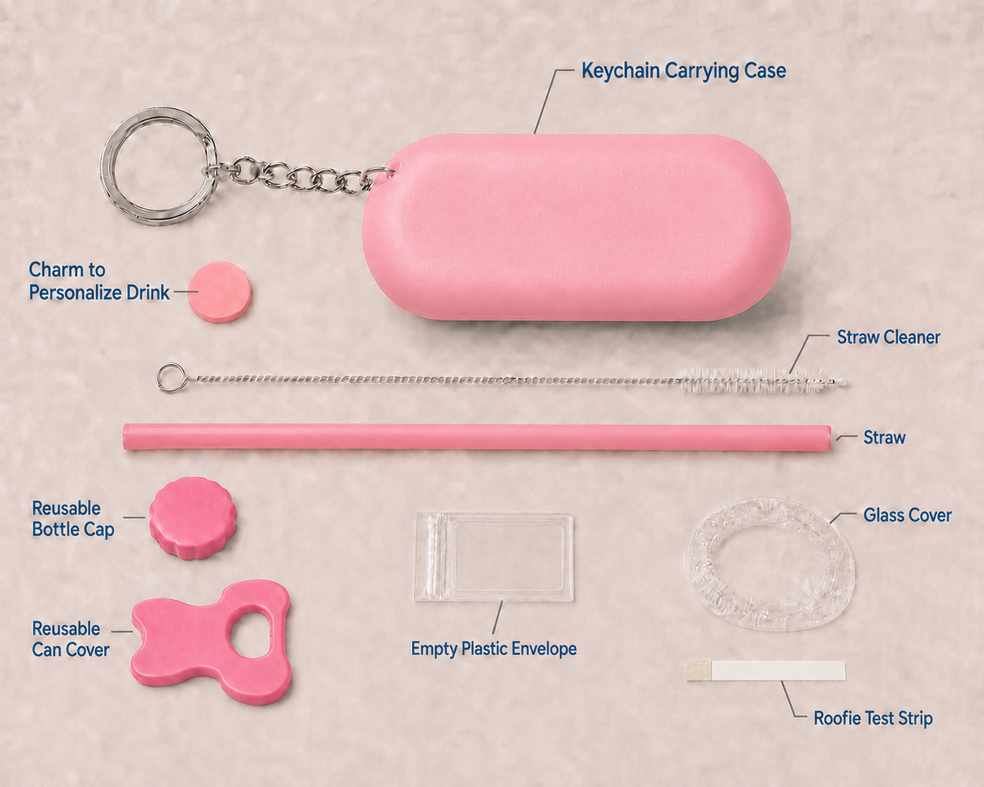 Pink anti-roofie drink safety keychain