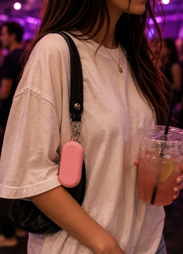 A woman with long brown hair wearing a beige oversized T-shirt, a gold necklace, and carrying a black purse with a pink AirPods case attached, holding a clear plastic cup with a pink drink and lemon slices, at a lively indoor event with purple and pi