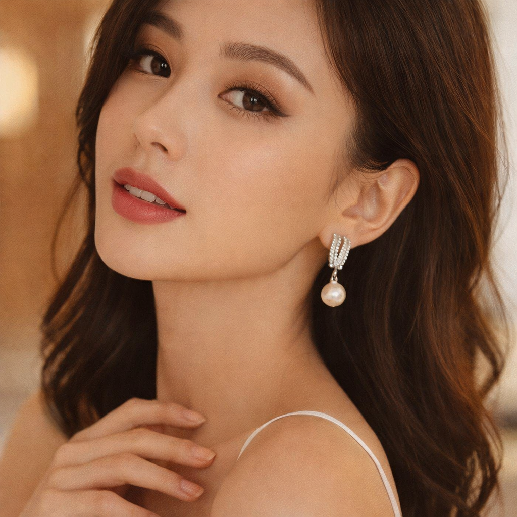 A woman with medium-length brown hair, wearing pearl and diamond earrings, touching her neck with her hand, in a softly lit indoor setting.