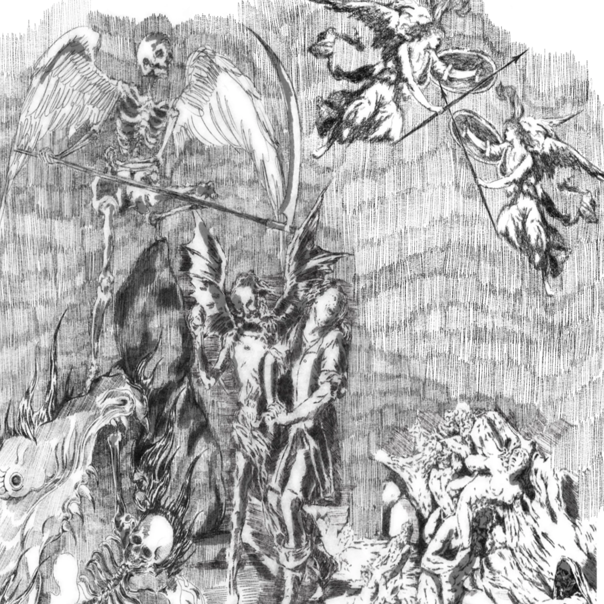 A black and white illustration depicting the biblical scene of the Fall of Man, with Adam and Eve surrounded by angels, demons, and various creatures in a chaotic scene.