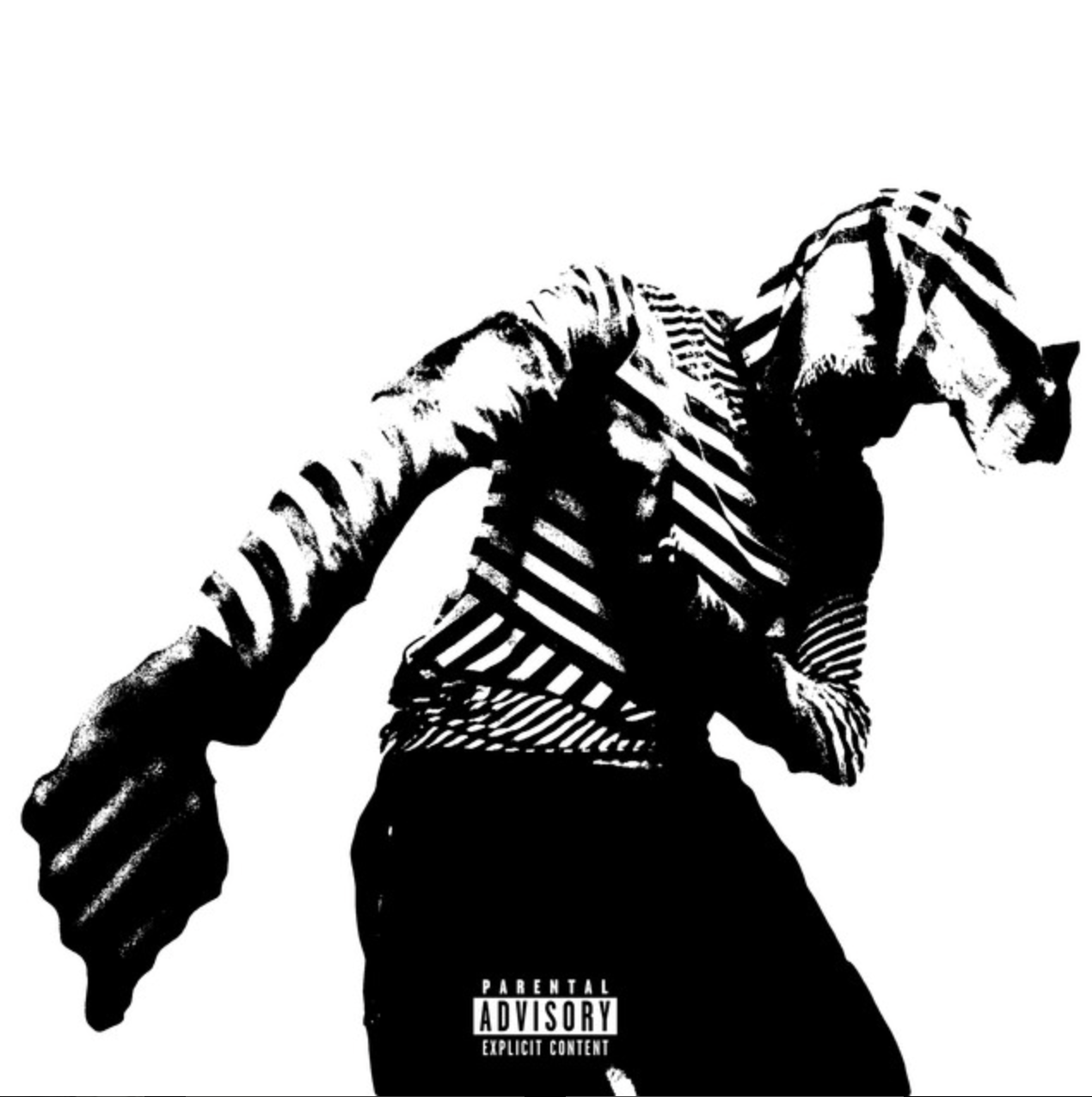 Black and white stylized silhouette of a man with a horse silhouette overlayed on his body, wearing a striped hoodie, with parental advisory label at the bottom.