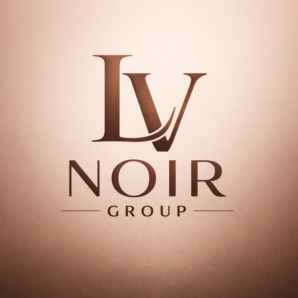 Logo with the letters LV intertwined, and the words NOIR GROUP below it, on a beige background.