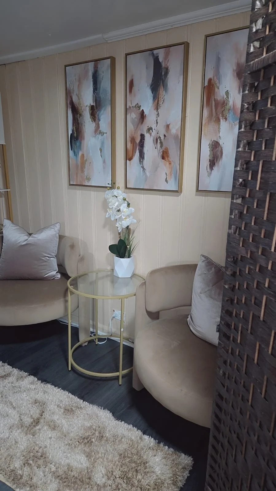 Living room corner with beige curved sofa, beige cushion, white orchid plant on a small gold round side table, three abstract wall paintings with earthy tones, beige wood-paneled wall, and dark flooring, partially obscured by a brown woven room divid