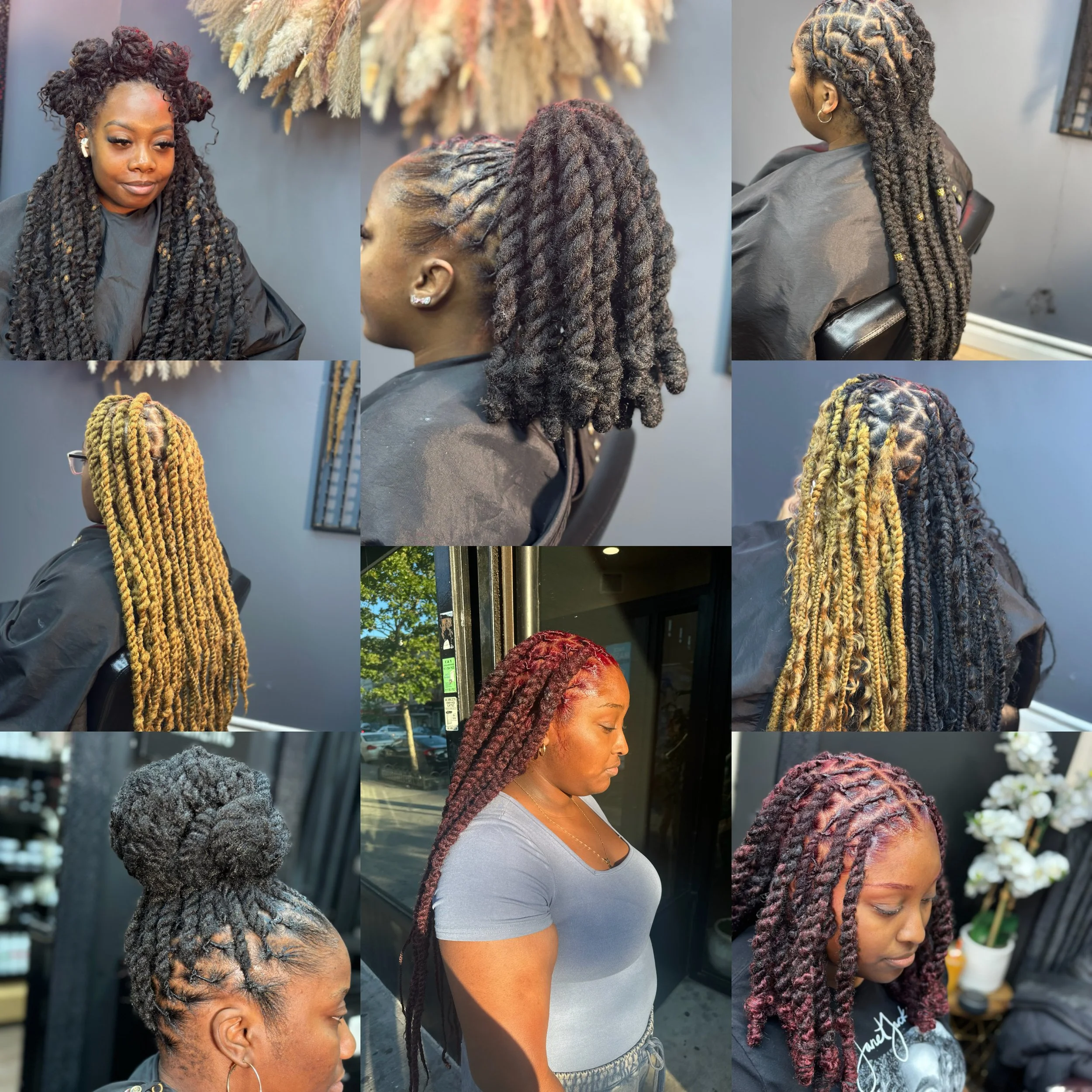 Collage of women showcasing different hairstyles of natural and colored twist and locs.