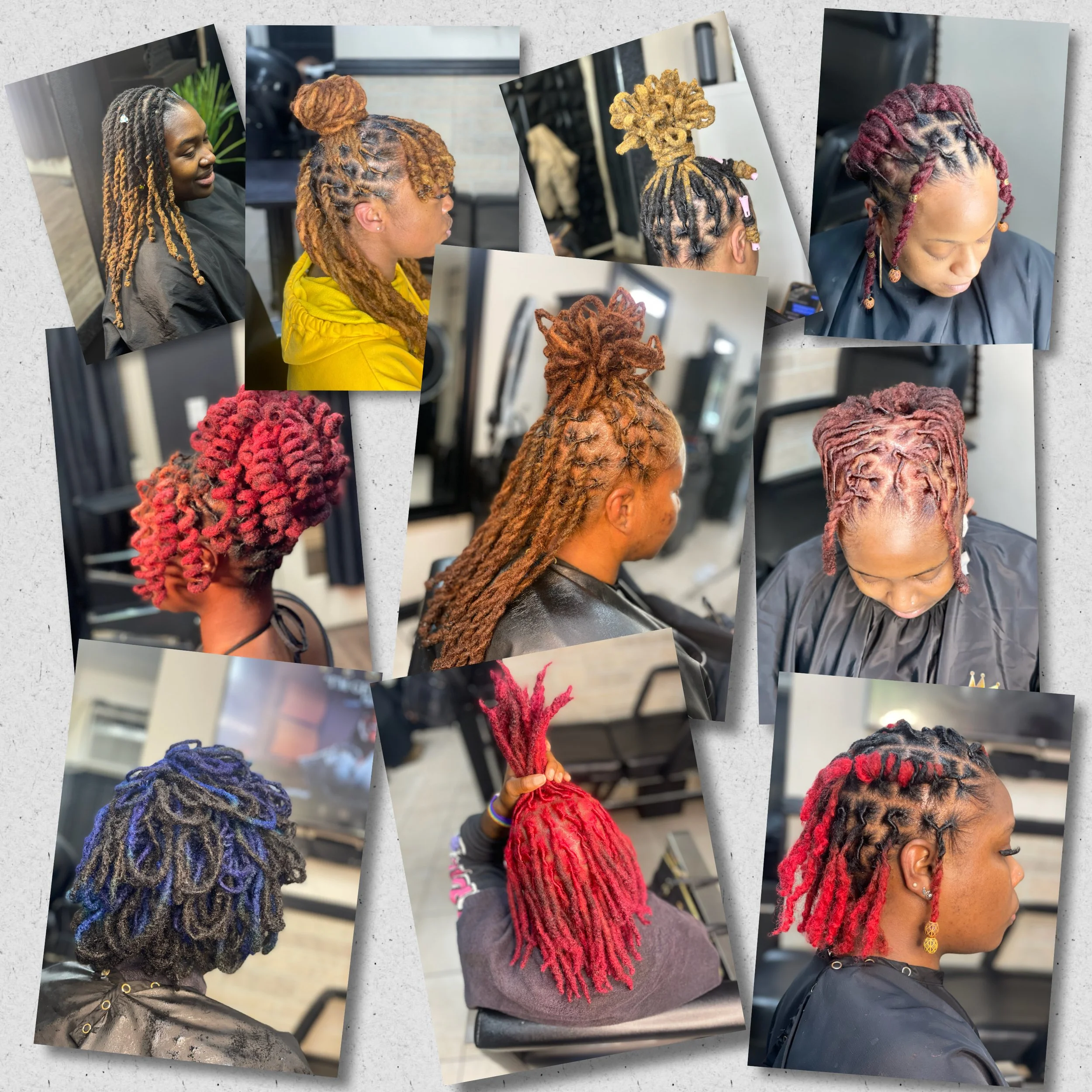 Collage of women showcasing various vibrant colored and styled dreadlock hairstyles in a salon setting.