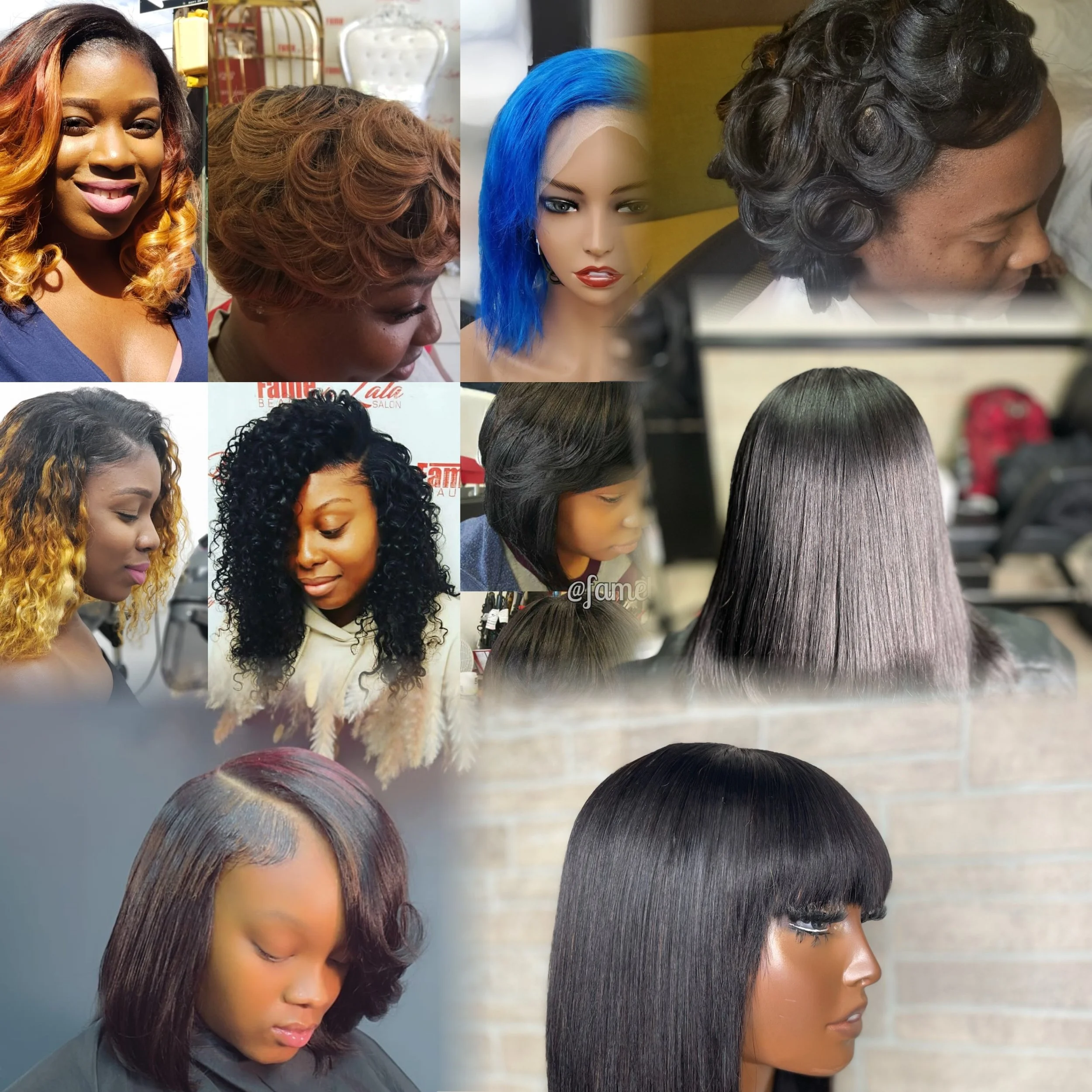 Collage of women with various hairstyles including curly, straight, and colored haircuts at a salon.