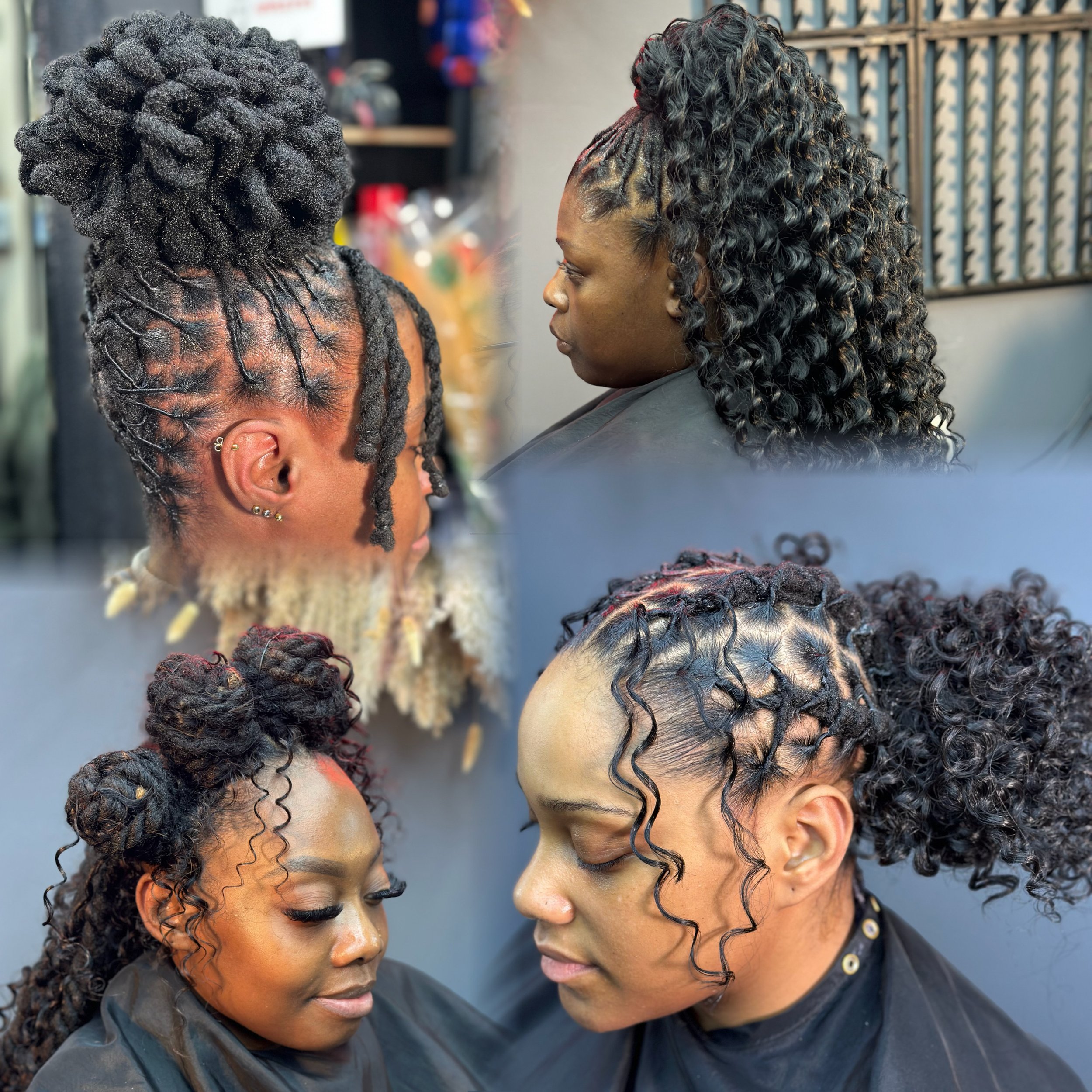 Four women with black, curly, and styled hair after a hair treatment or styling session at a hair salon.