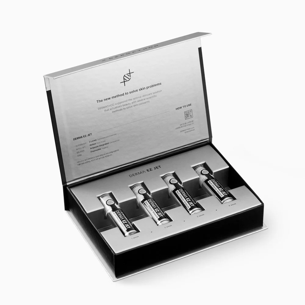 Dermathod EZ Jet Multi Set four egf ampoules in open box with instructions .jpg