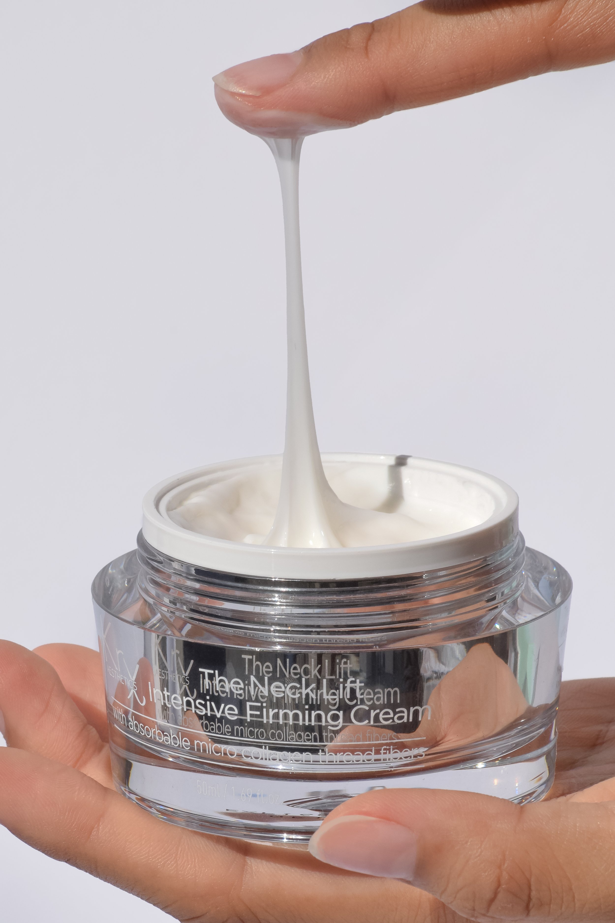 Unique texture of KrX Neck Lift cream with micro-collagen fibers