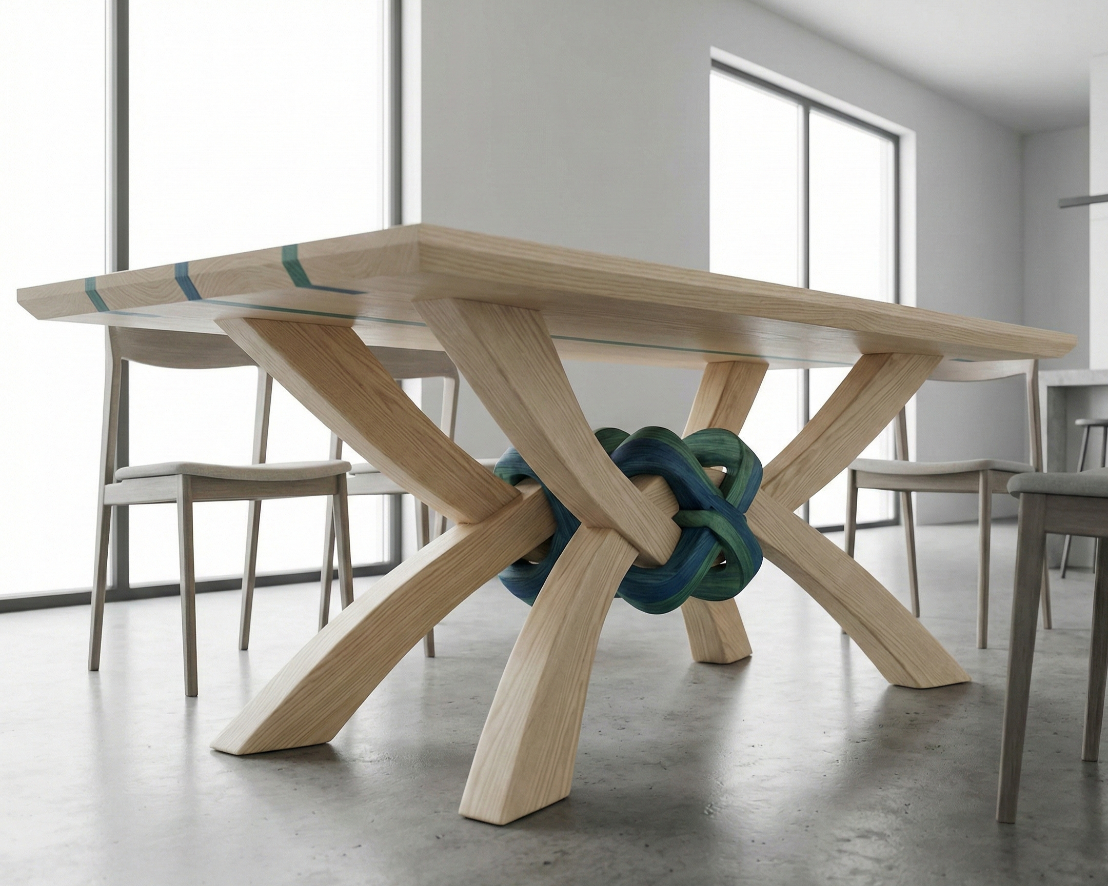 A modern dining table with a unique decorative knot in the center, surrounded by chairs, in a bright room with large windows.