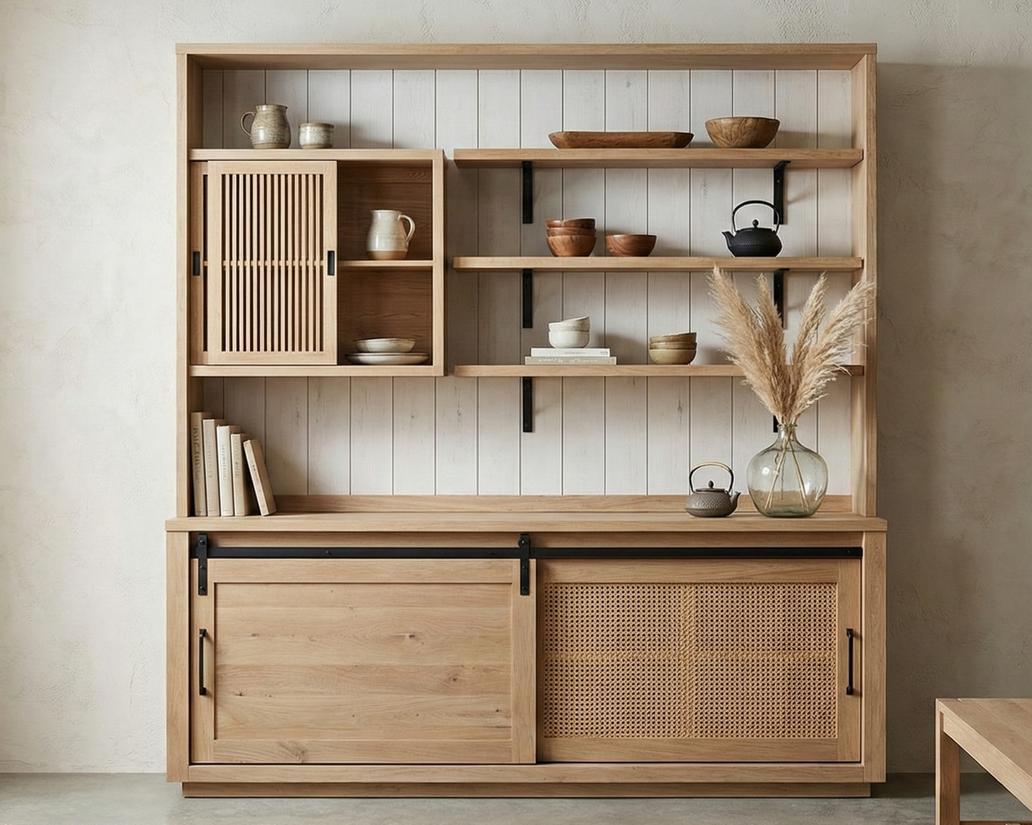 Wooden shelf and cabinet with decorative dishes, bowls, and a vase with pampas grass.