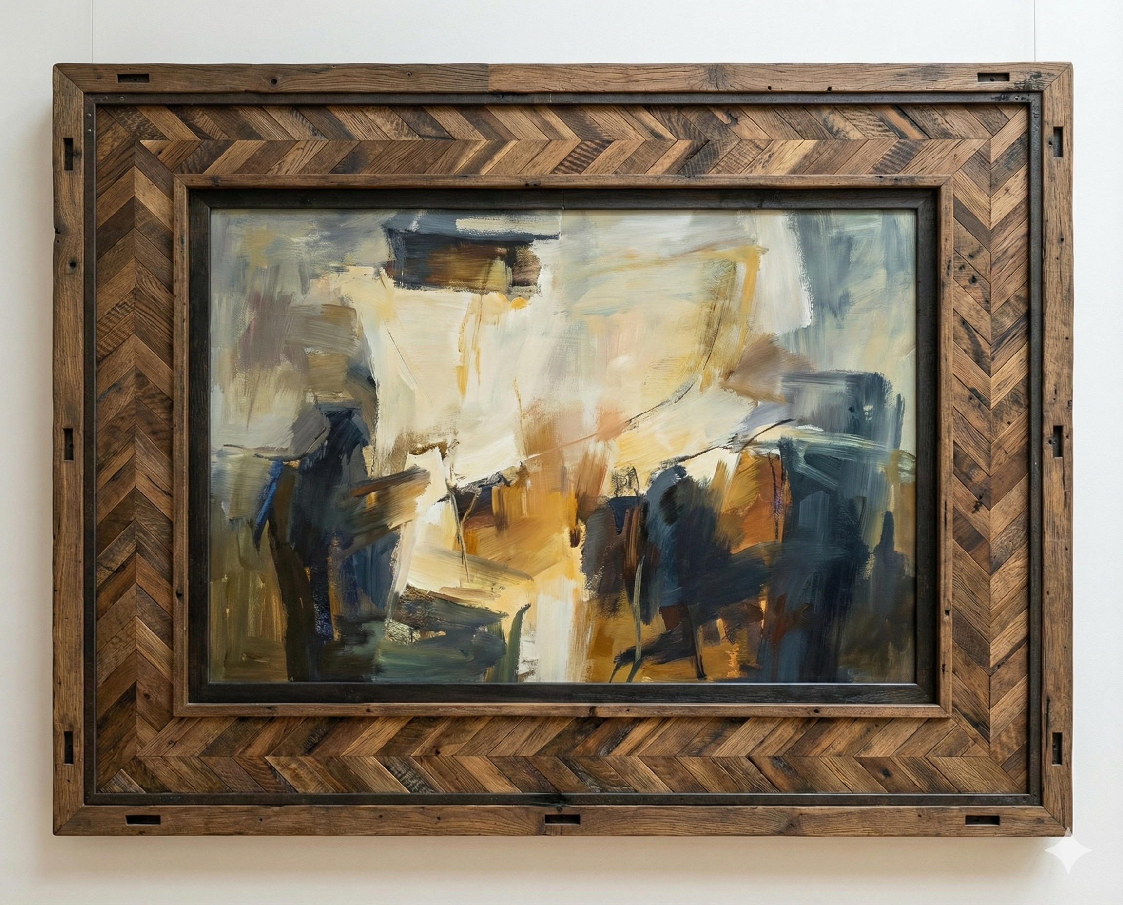 Abstract painting in a wooden frame on a white wall, featuring brushstrokes in shades of blue, yellow, white, and black.