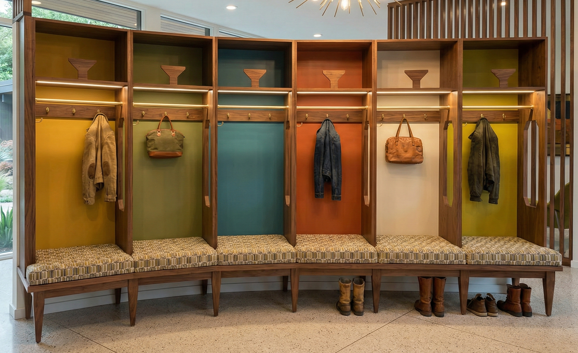 A colorful wooden locker bench with six compartments, each featuring a different colored back panel, and hanging hooks with jackets, bags, and shoes underneath.