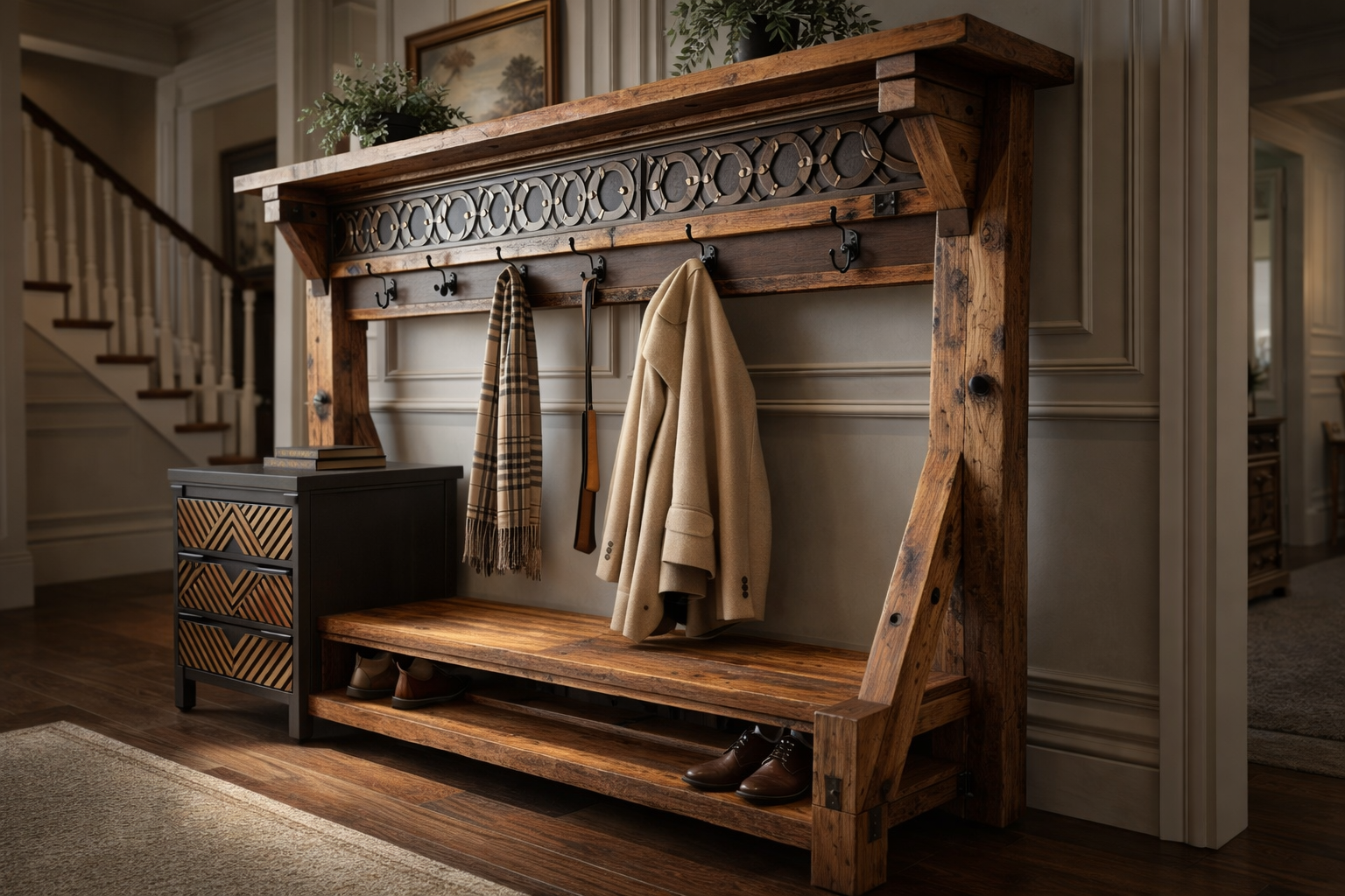 Rustic wooden hall tree with hooks, holding a plaid scarf and a beige coat, with shoes on the lower shelf and a plant on top, in a home interior.