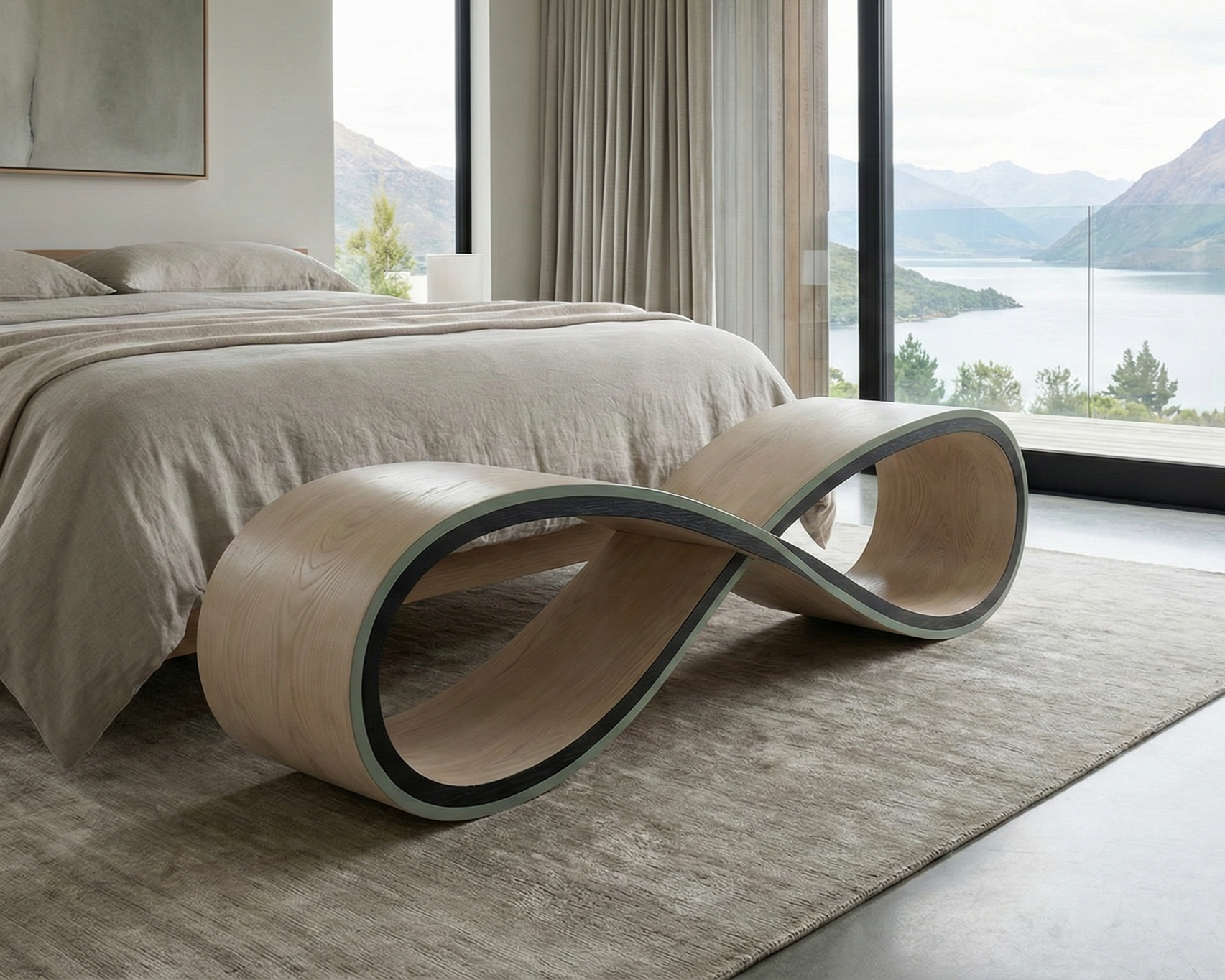 Modern bedroom with a bed, a unique wooden sculptural bench, and a large window overlooking a lake and mountains.