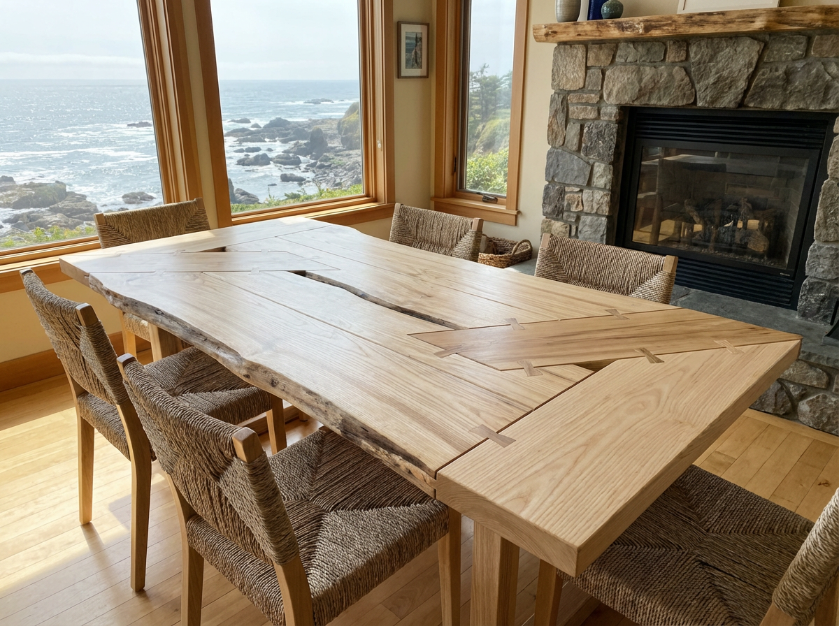 A wooden dining table with a natural, live edge, positioned in front of large windows overlooking the ocean with rocks and waves. The table has a geometric inlay design, and there are six wicker chairs around it. A stone fireplace with wooden mantel is visible in the background.