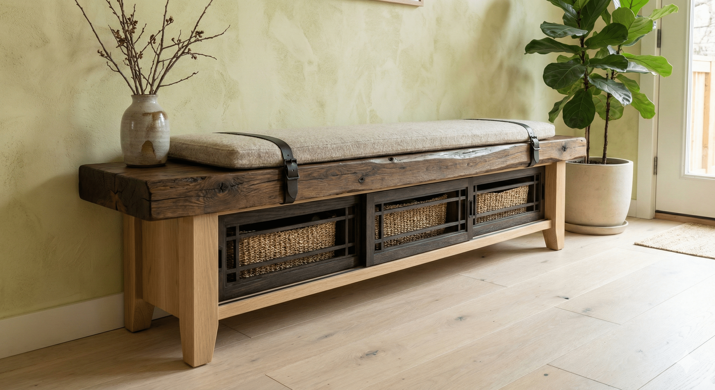 A wooden bench with a cushioned top, decorative baskets underneath, a vase with dried branches on the left, and a potted plant on the right, near a glass door.