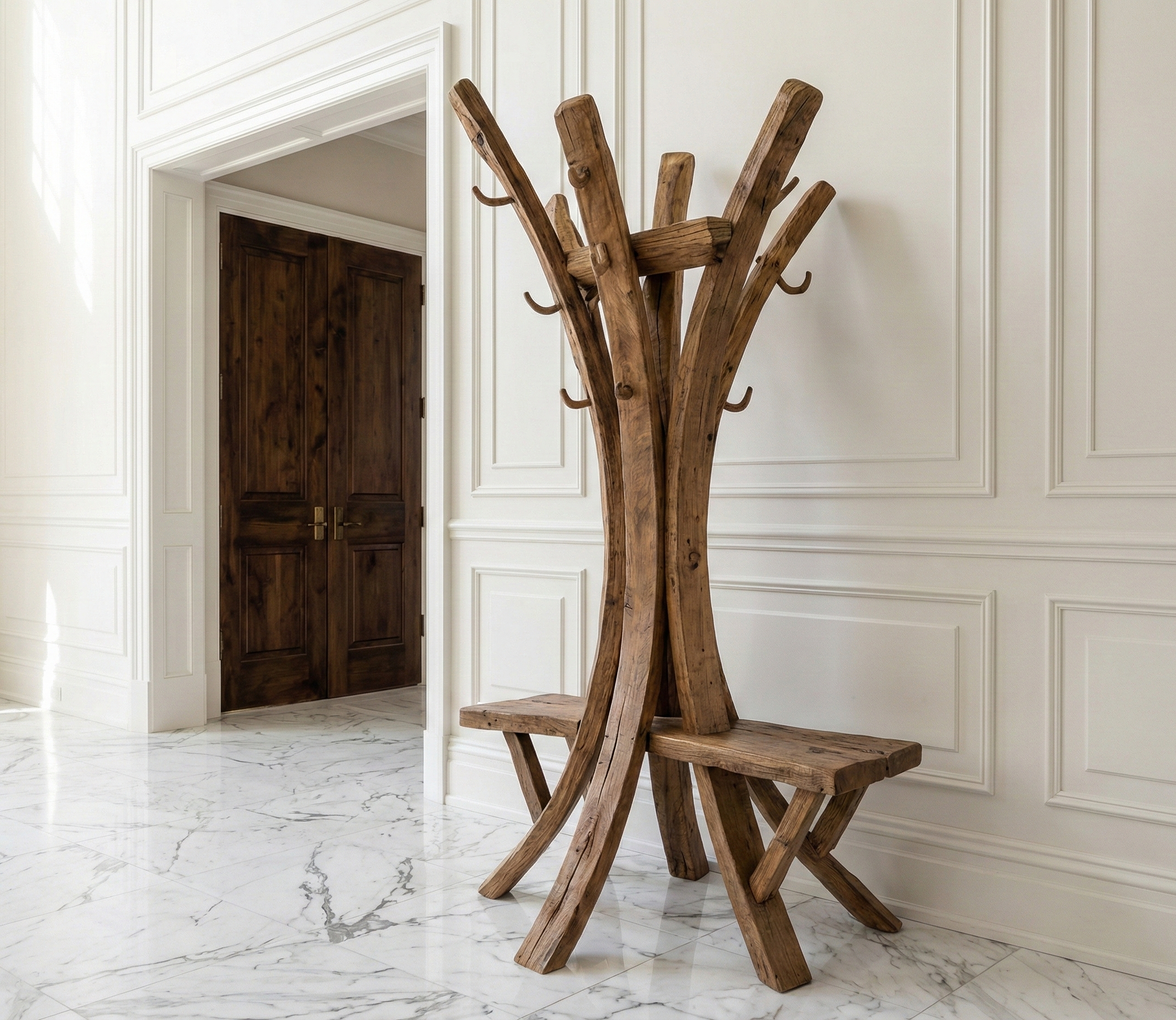 A wooden coat rack with multiple hooks and a seating area, placed against a cream-colored wall with decorative molding, near a dark wooden door and white marble flooring.