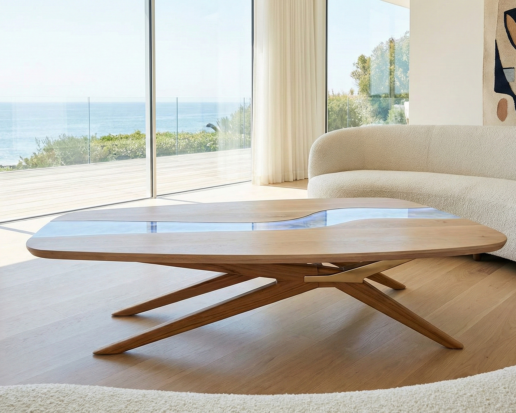 Living room with a wooden coffee table, white couch, and floor-to-ceiling windows overlooking the ocean and greenery.
