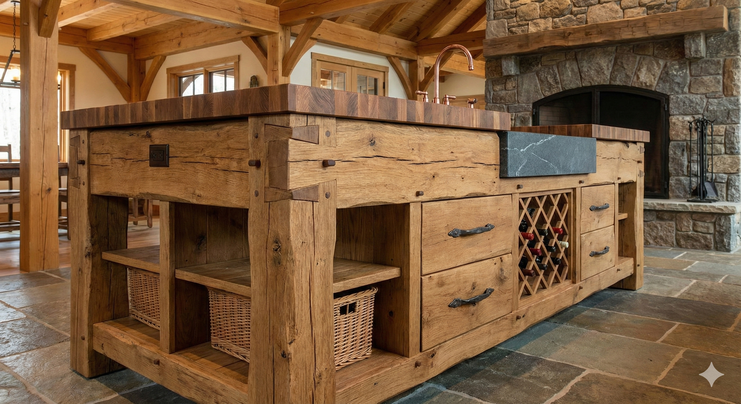 Wooden kitchen island with drawers, wine rack, and a stone top, situated in a rustic-style kitchen with stone flooring and a fireplace in the background.