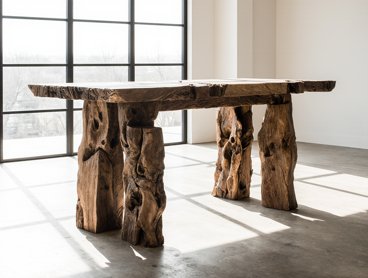 Rustic wooden table made from a large, natural, uneven tree slab with thick, irregular legs in a bright room with large grid windows.