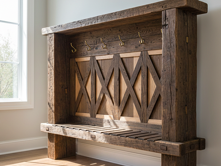 A rustic wooden hall tree with hooks for hanging coats and a slatted bench at the bottom, positioned next to a window in a room with white walls.