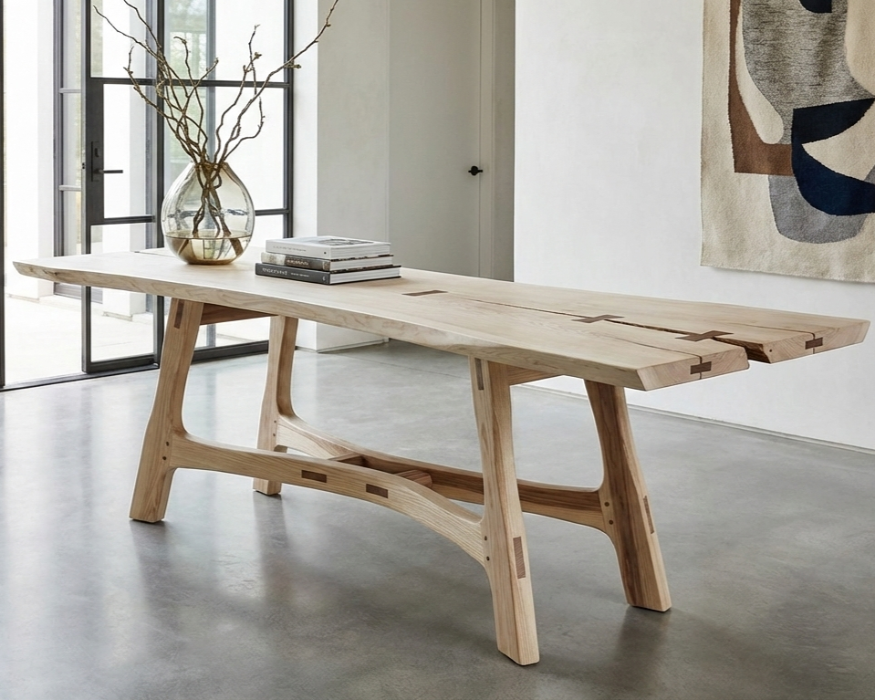 A modern wooden dining table with a light natural finish, placed in a bright room with large glass doors. The table has a thick tabletop and sturdy, angled legs. On the table, there is a large glass vase with bare branches and several stacked books. A colorful abstract wall hanging is visible in the background.