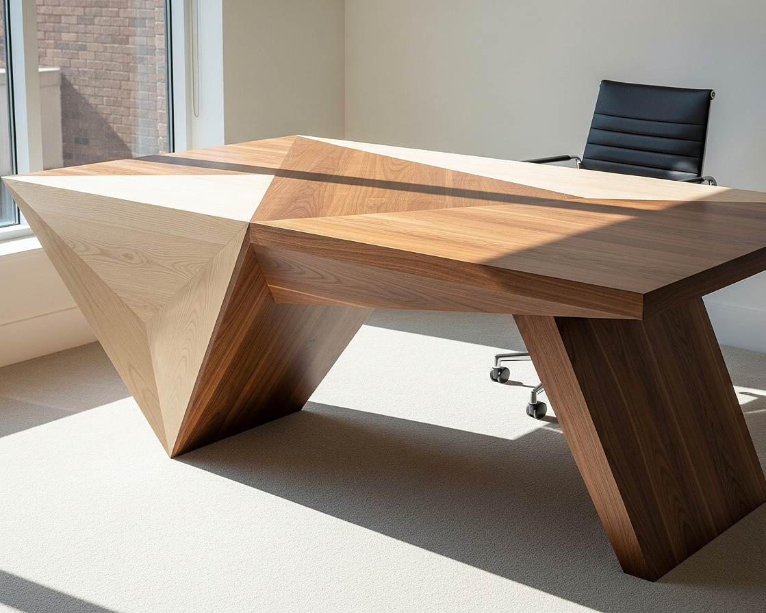 Modern wooden desk with geometric design in an office with a black office chair and large window.