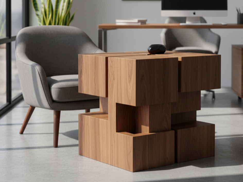 Modern office with grey armchair, wooden side table, desktop computer, and potted plant.
