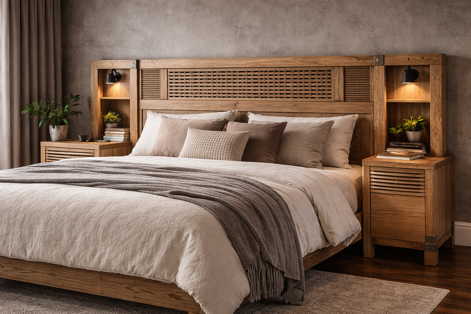 A neatly made bed with a wooden headboard, multiple beige and white pillows, and a soft gray blanket, with matching wooden nightstands on both sides, each holding plants, books, and small decor, in a modern bedroom with a textured wall and beige curtains.