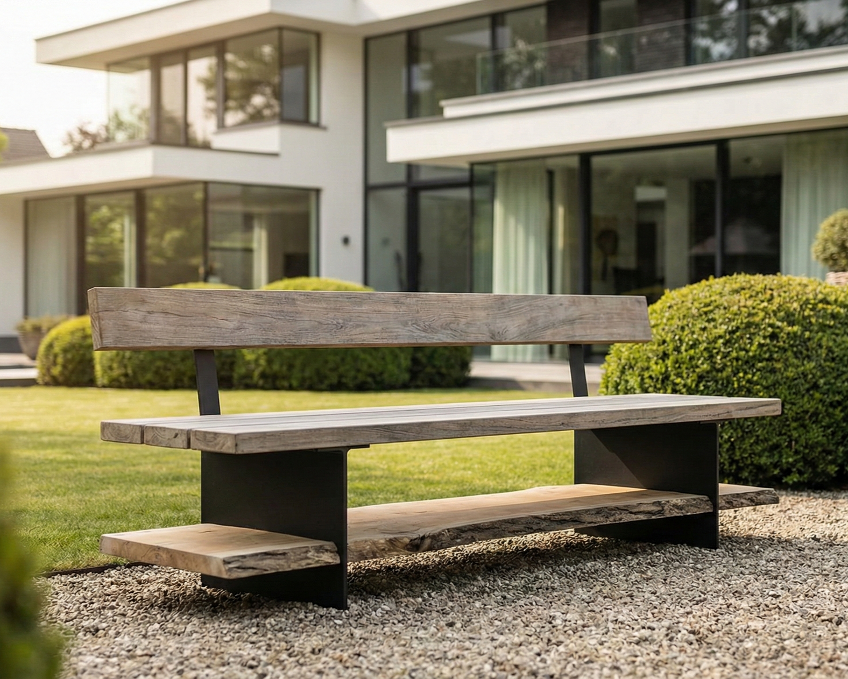 Empty wooden park bench in front of a modern house with glass windows, surrounded by well-manicured bushes and green grass.