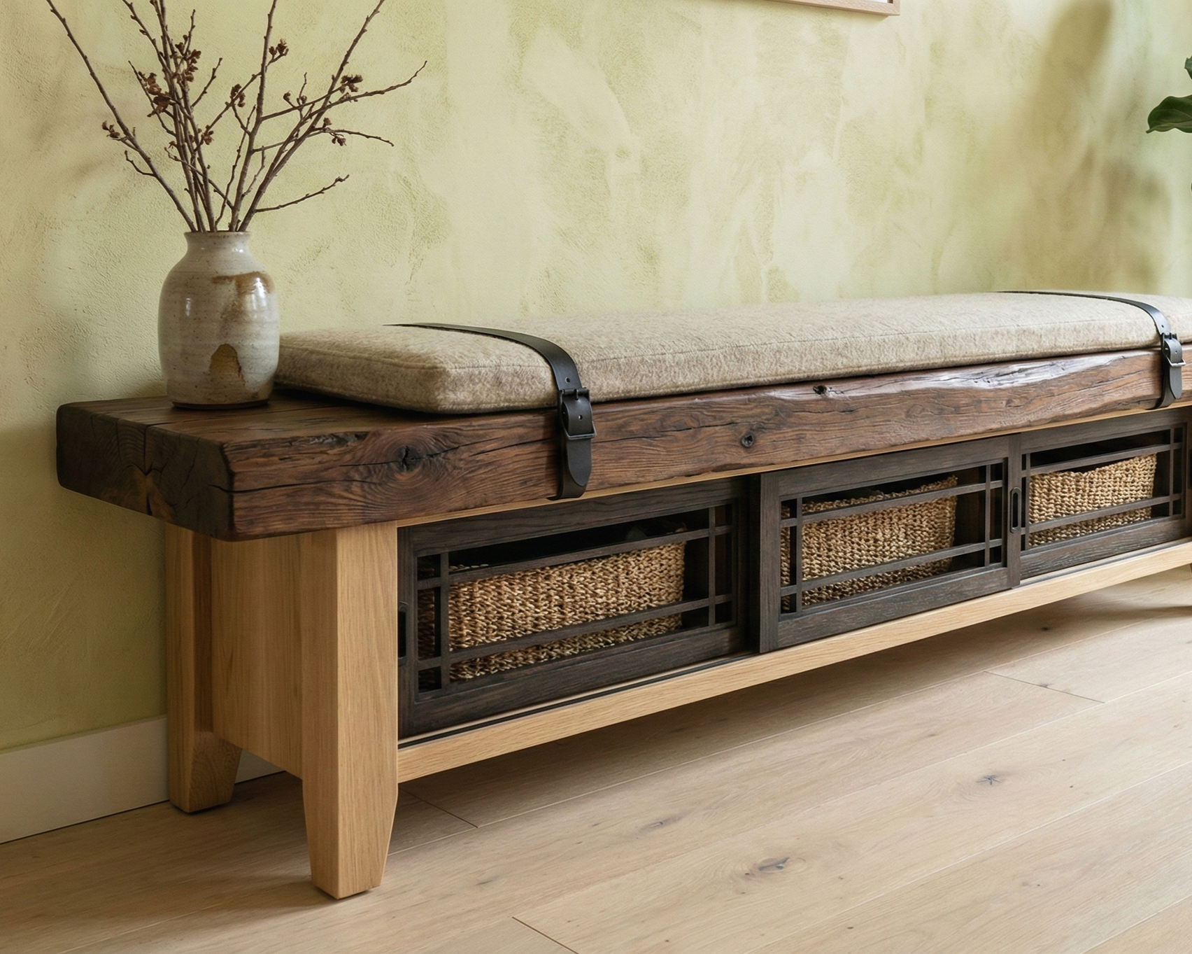 A wooden bench with a cushioned pad on top, against a light green textured wall, decorated with a ceramic vase holding bare branches, and featuring woven baskets beneath.