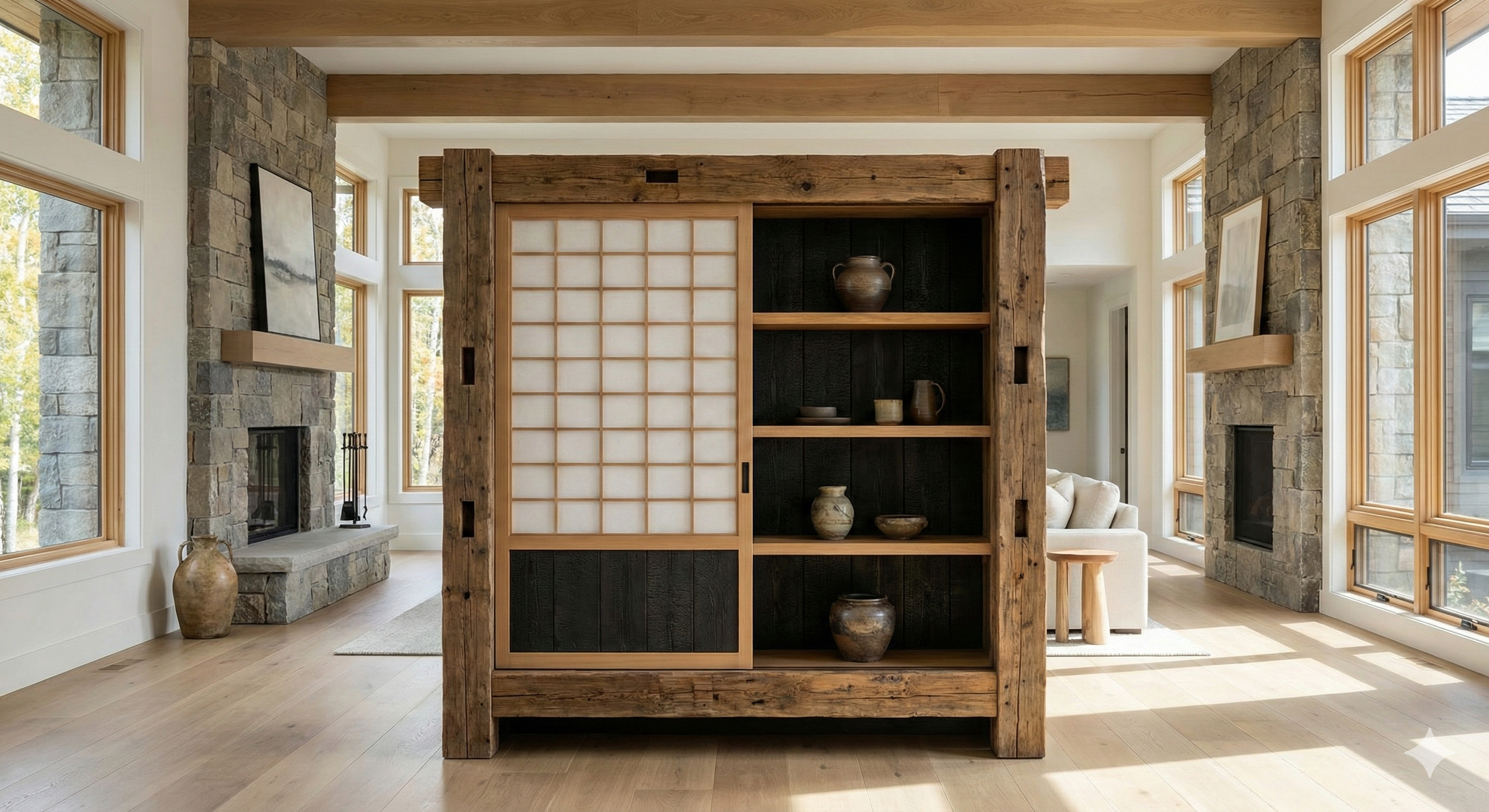 A living room with large windows, a stone fireplace, and a wooden bookshelf with pottery items, separated by a sliding wooden door with a white paper panel.