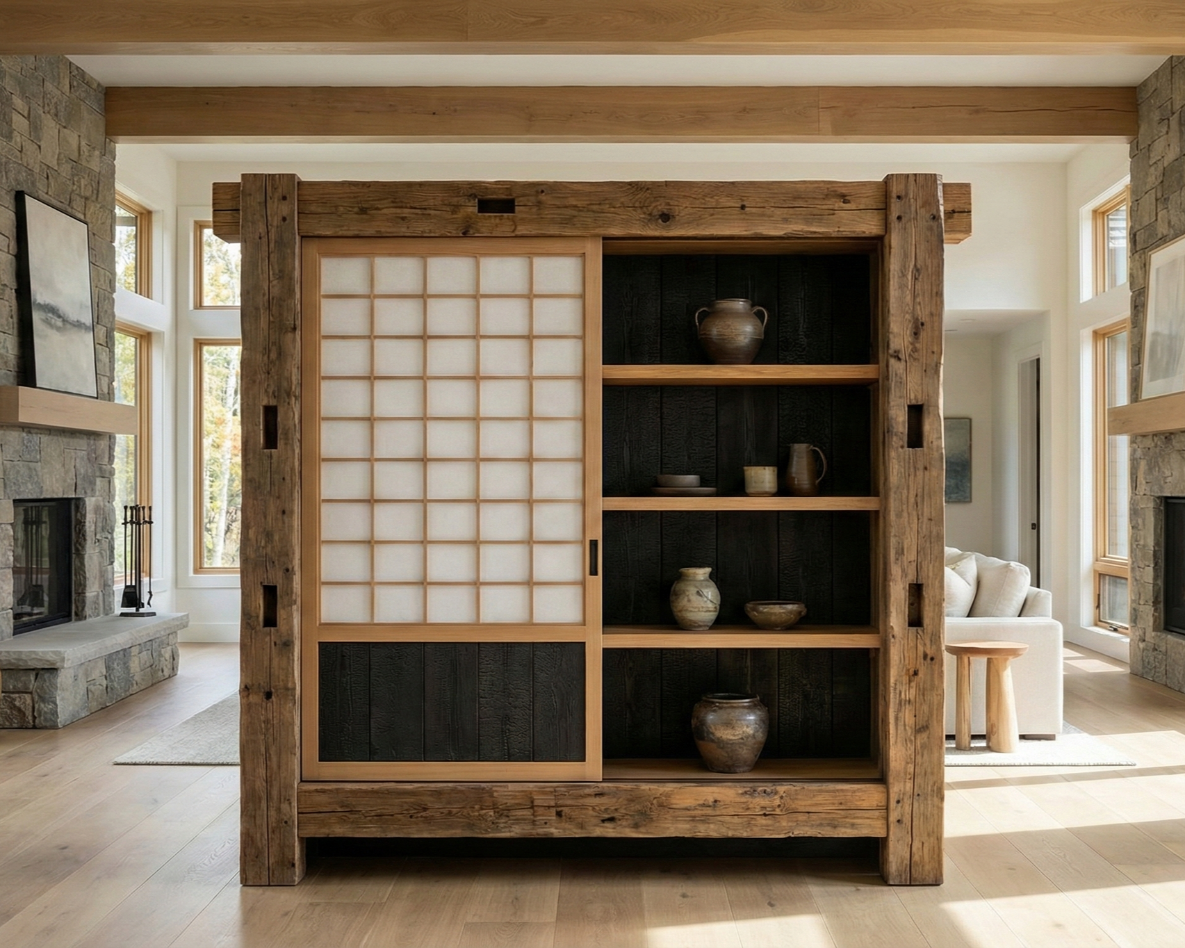 A wooden room divider with sliding shoji door and shelves, displaying pottery inside a modern living room with stone fireplace and large windows.