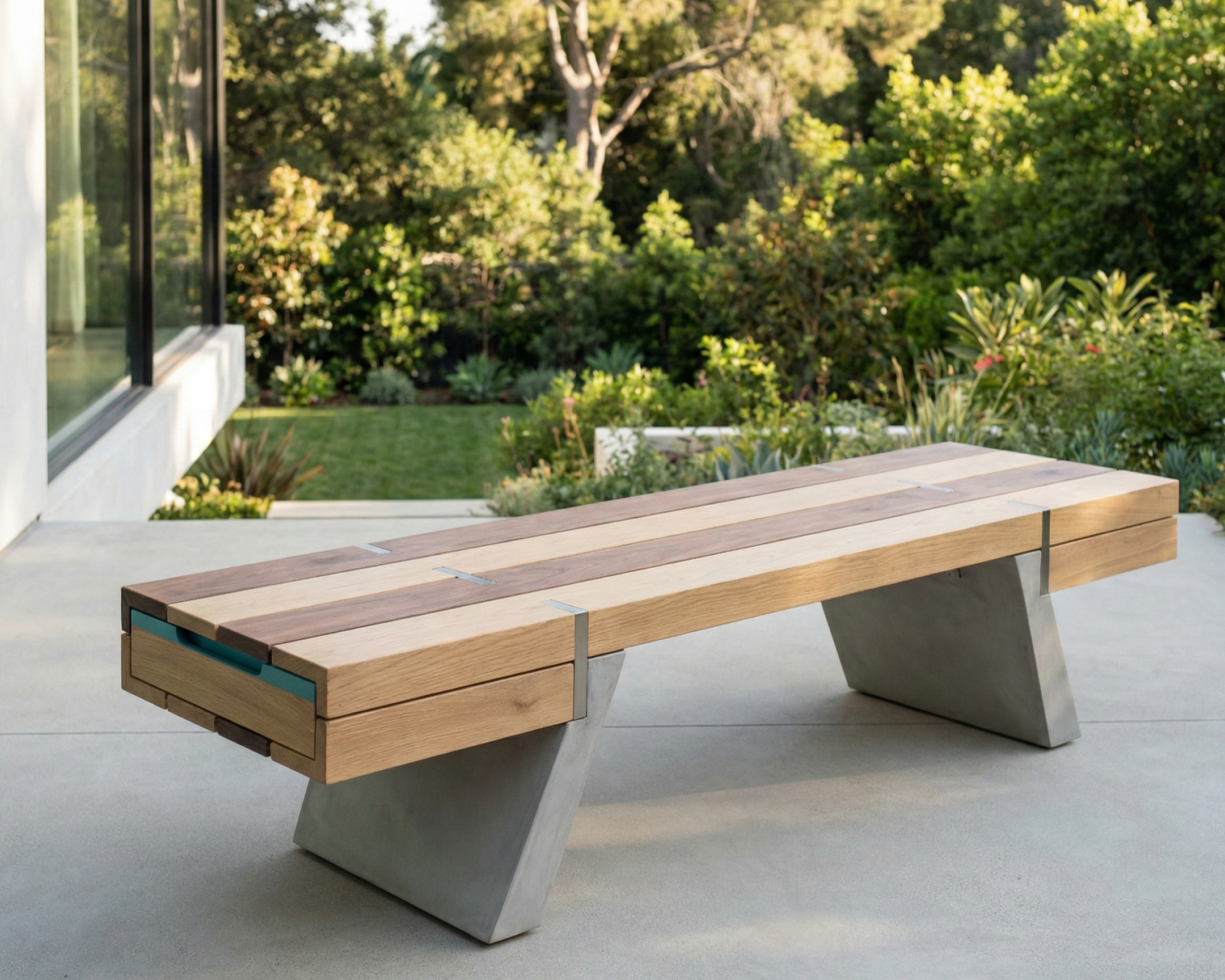 Modern outdoor wooden bench with concrete legs on a patio, overlooking a lush green garden.