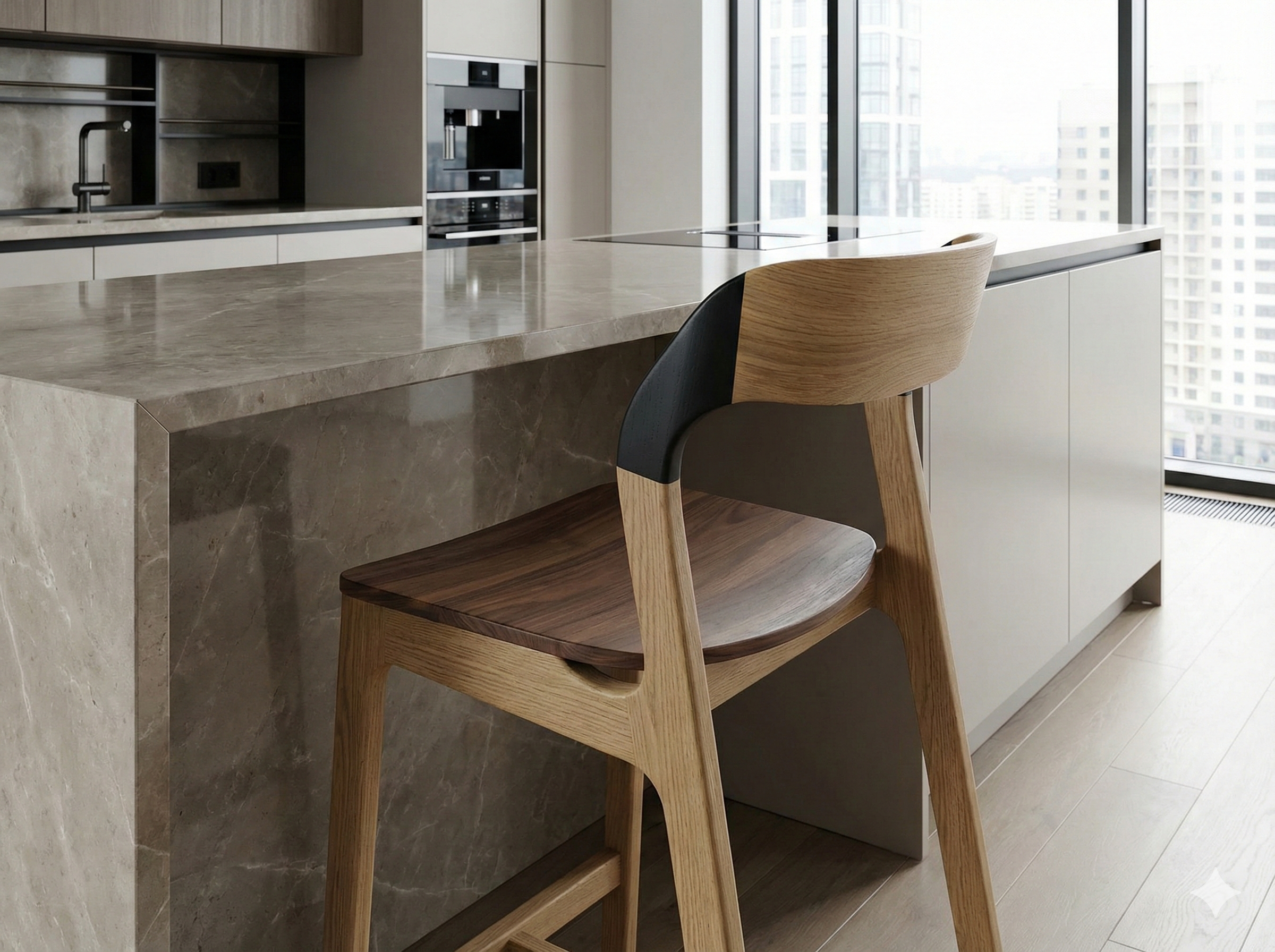 Modern kitchen with marble island, wooden chair, built-in appliances, and large windows overlooking city buildings.