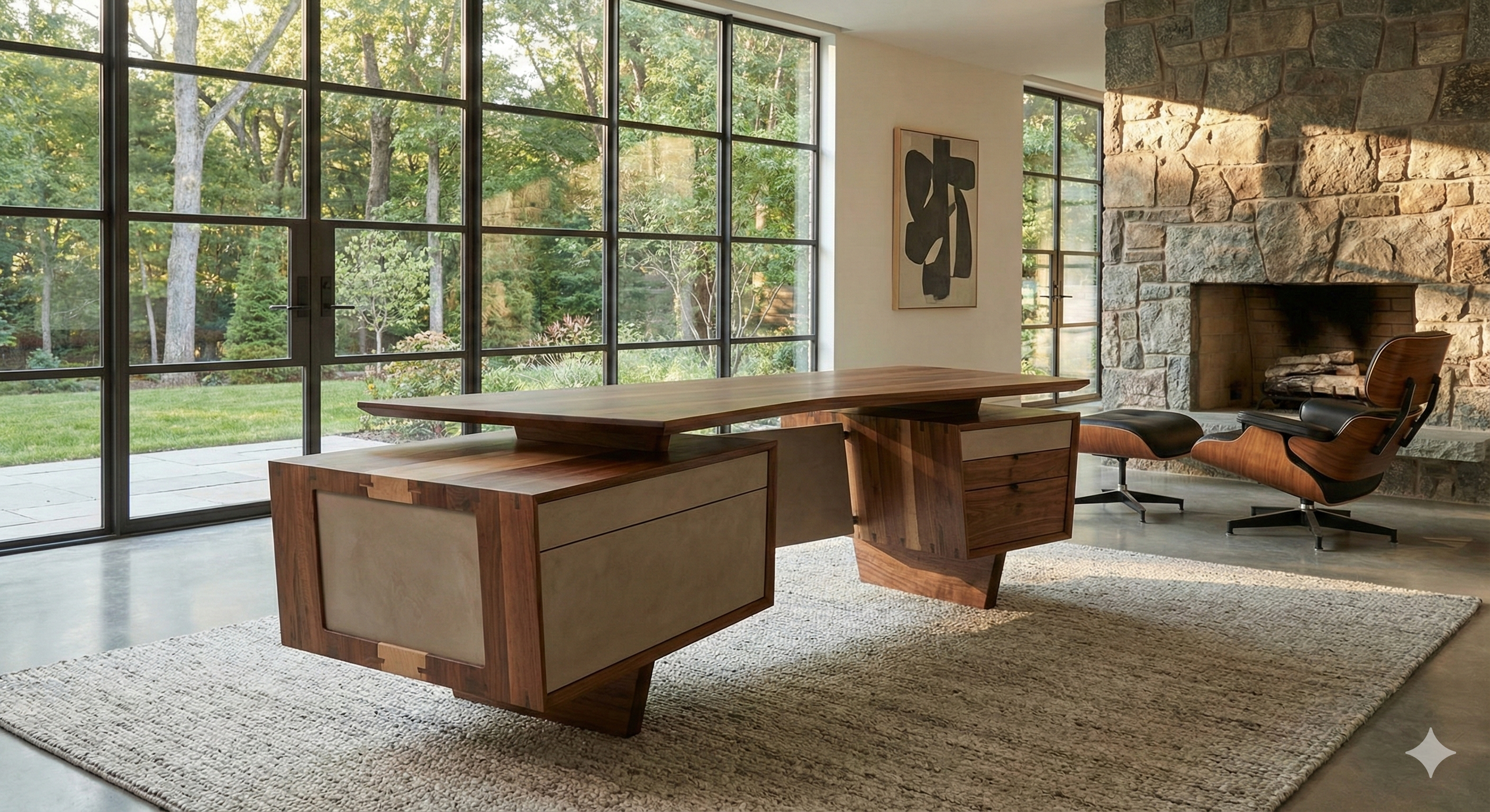 Modern interior room with large floor-to-ceiling windows overlooking greenery, featuring a stone fireplace, mid-century modern chairs, and a wooden desk.